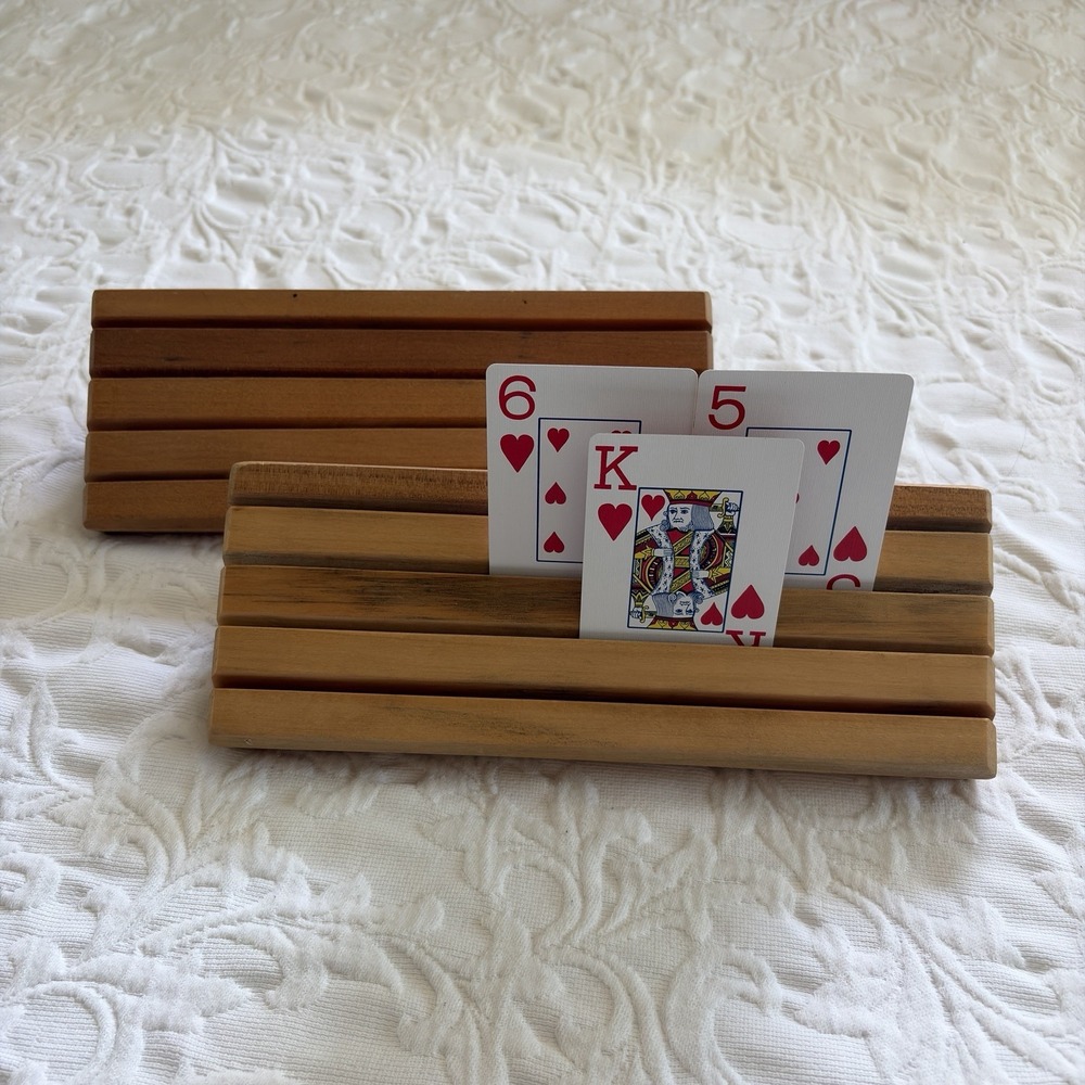 Games People Play Wooden Playing Card Holders Racks Set of 2 Poker Canasta Rummy